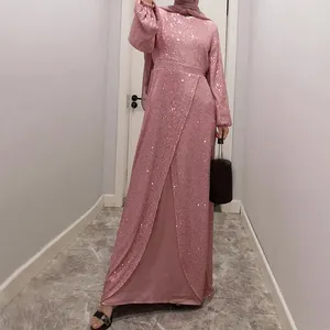 Dress Crew Neck Sequined Waist-length Skirt Abaya Muslim Fashion Party Dress Women Turkey Islamic