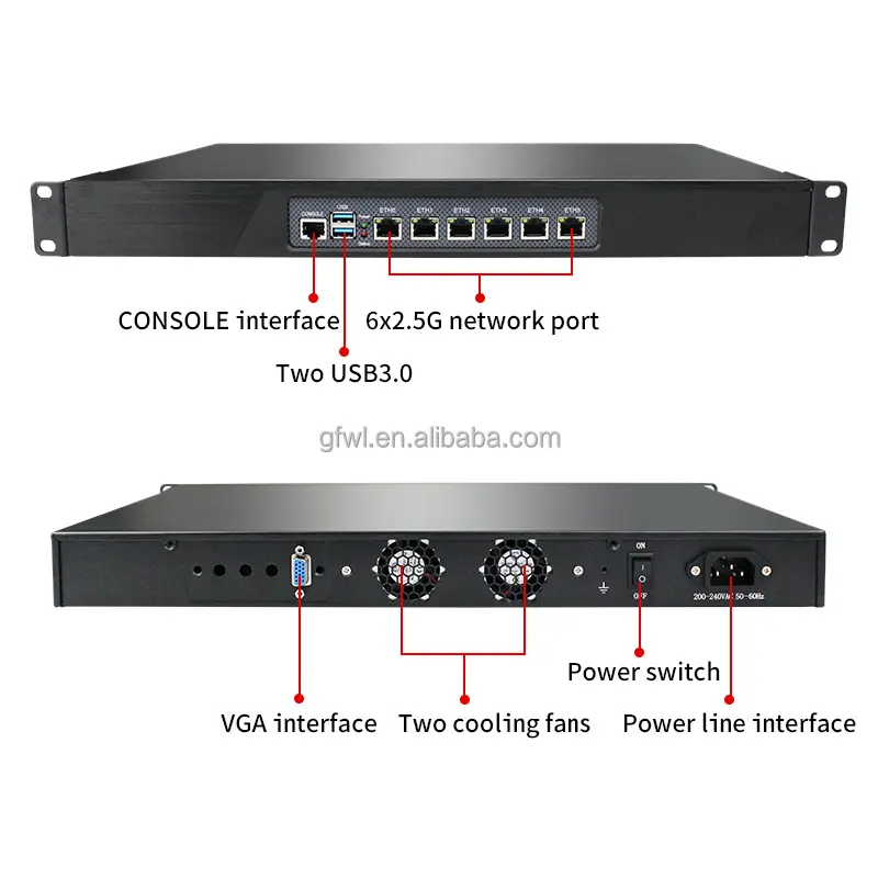 Guanfeng N5105 1U 6 2.5GBE LAN Pfsense 19 "미니 PC 랙 마운트 네트워크 장치 Sim 카드 슬롯이있는 산업용 방화벽 기기