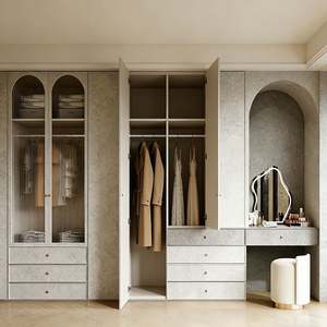 Armoire de style français BALOM sur mesure avec porte en verre cintré, placard de chambre à coucher moderne blanc avec système de rangement et coiffeuse - Product Image 1