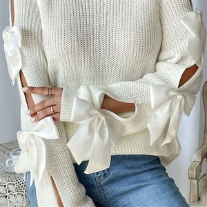 Châu Âu Và Mỹ Thời Trang Mùa Thu Mới Pháp Vòng Cổ Bow Trang Trí Dài Tay Áo Lỏng Dệt Kim Áo Thun Áo Len Cho Phụ Nữ - Product Image 1