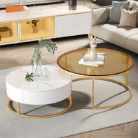 Table basse moderne convertible pour salon en verre blanc avec structure en métal doré et rangement
