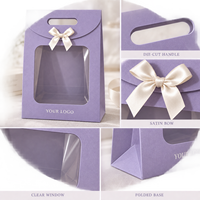 Sac en papier lavande personnalisé OEM ODM avec logo, fenêtre transparente, ruban, poignée découpée, emballage cadeau de luxe en carton pour fleurs