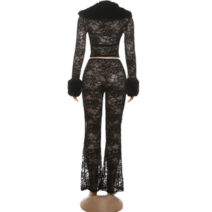 Completo Sexy da Donna in Due Pezzi, Giacca Jacquard con Pelliccia e Bottone Singolo + <span class=keywords><strong>Pantaloni</strong></span> a Zampa, Abbinato per Feste Notturne e Club - Product Image 5