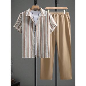 Lässiges gestreiftes Kurzarmhemd mit langer Hose Herrenbekleidung 2-teiliges Set Mode - Product Image 5