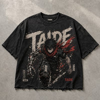 T-shirt en coton 280 GSM certifié BSCI TaiDe, délavé à l'acide, motif Cyber Anime Mecha, effet vieilli prononcé, logo personnalisé, OEM ODM, vente en gros pour hommes