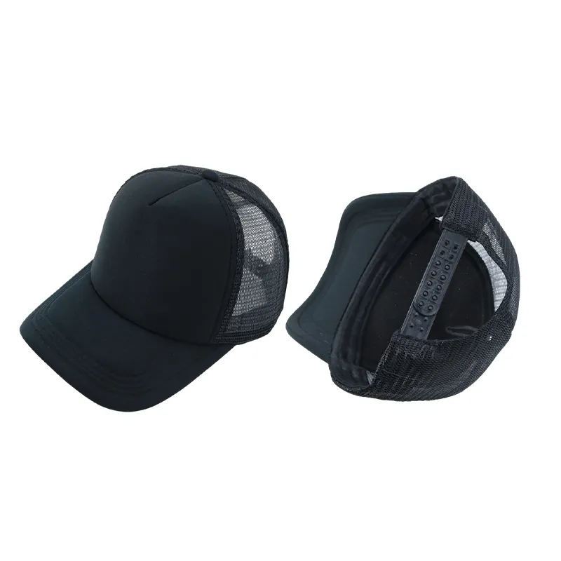 Yüksek kalite siyah kavisli ağız toptan ucuz profesyonel özel örgü köpük şoför şapkası 5 Panel şoför şapkası kapaklar
