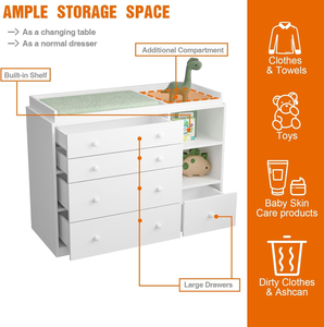 Table à langer classique blanche pour bébé, commode à 5 tiroirs, 2 étagères, station à couches multifonctionnelle pour la chambre des enfants - Product Image 2