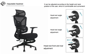 Chaise de bureau ergonomique en maille avec appui-tête et accoudoirs réglables, base pivotante pour atelier et bureau