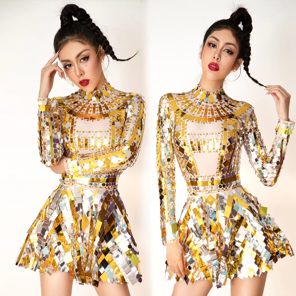 Shiny Gold Mirror Sequins Crystal Evening Gowns Rhinestone Birthday Party Bodysuits with A Line Skirt Women Sexy Prom Club Dress