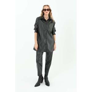 Camisa de Cuero para Mujer, Manga Larga, Estilo Utilitario, Tejido Marrón, para Otoño - Product Image 3