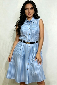 Robe chemise boutonnée sans manches à rayures imprimées pour femme avec ceinture, robe de bureau décontractée respirante et ajustée à la taille - Product Image 6