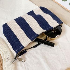 Custom Classic Striped Canvas Women's Eco-Friendly Large Foldable Cosmetic Pouch Zipper Portable <b>Storage</b> for Travel Makeup - Product Image 4