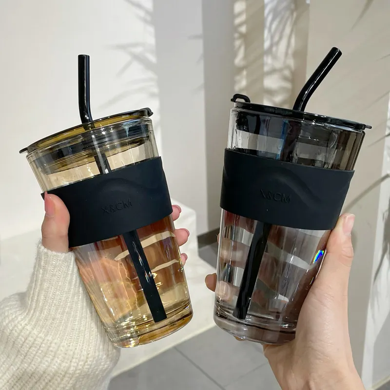 15oz Tumbler Glas Kaffeetassen Sublimation Blank Travel Nordic Clear Bambus becher mit Deckel und Strohhalmen
