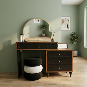 Modern Wooden <b>Makeup</b> Vanity Table with Lighted Oval <b>Mirror</b> and Storage Drawers for Bedroom Furniture - Product Image 2