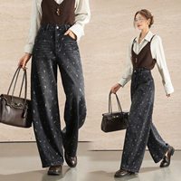 Jeans de Mujer con Lavado Ácido, Pierna Ancha, Estampado, Botones, Cremallera, Bolsillos, Corte Relajado, Estilo Vintage Clásico, Fabricación por Contrato