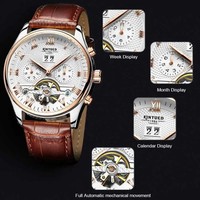 KINYUED J012 Montre de luxe pour homme, montre de mode pour homme d'affaires, bracelet en cuir, montre-bracelet sport, montre mécanique automatique pour homme