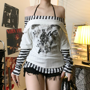 Camiseta de Manga Larga para Mujer, Estilo Y2K, Estampado Vintage, Transpirable, Ecológica, Nueva Colección de Otoño, Corte Holgado, Tallas Grandes, Sexy, con Hombros Descubiertos - Product Image 2