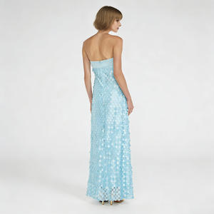 فستان سهرة أنيق مخصص باللون الأزرق السماوي بدون حمالات وطويل حتى الأرض، فستان رسمي للنساء لحفلات الكوكتيل والمناسبات مع ترتر - Product Image 5