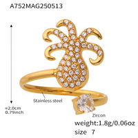 Bague ouverte tendance pour femme en acier inoxydable plaqué or 18 carats, étanche, avec zircon ultra scintillant 5A, motifs vie marine (hippocampe, pieuvre, coquillage)