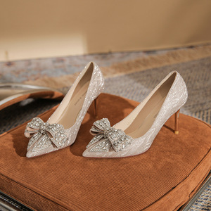 Zapatos de Novia Elegantes para Mujer, con Punta en Pico, Tacón de Aguja, Tacón Alto de 3-5 cm, Decoración de Lazo, Cristal y Diamantes de Imitación, Zapato Individual - Product Image 1