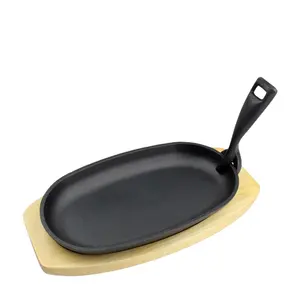 Fajita Plate Cast Iron Fajita Pan with Wooden Tray Sizzling Japanese Steak Plate with Wooden Base and Fork for Home Restaurant