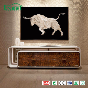 Meuble <span class=keywords><strong>TV</strong></span> moderne en cuir véritable de luxe avec éclairage LED, ensemble de meubles de salon haut de gamme en bois pour villa - Product Image 1