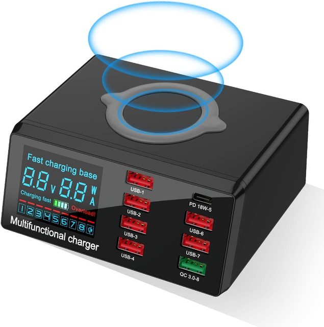100W 8-Port USB 15W Wireless Charging Station QC3.0/PD2.0 with LED Display Fast Charger Desktop Charger for Mobile Phone Repair