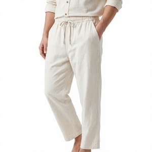Pantalon en lin blanc cassé pour homme, taille élastique, cordon de serrage, poches latérales, décontracté, léger, pour l'été - Product Image 1