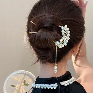 Cinese a forma di U bastone per capelli da donna con catena di perle e nappine forcine per capelli antichi per chignon per capelli