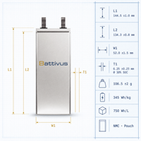Battivus SA08 3.4V 11.05Ah NMC Pouch Cell 37.57Wh 345Wh/kg 5C Kontinu 8C Pulsa 3C Pengisian 700 Siklus VTOL UAV Daya Tahan Lama