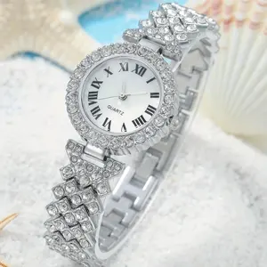 6098 reloj de cuarzo con diamantes de imitación de lujo para mujer, reloj de pulsera analógico de moda romana y conjunto de joyería de 5 uds.