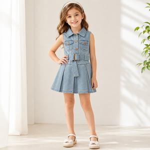 Abito Estivo in Denim per <span class=keywords><strong>Bambina</strong></span> 2026, Senza Maniche, Colletto Polo, con Cintura in Vita, Vestito in <span class=keywords><strong>Jeans</strong></span> a Trapezio, Abbigliamento Casual Vintage per Bambini, Stile Boutique - Product Image 2