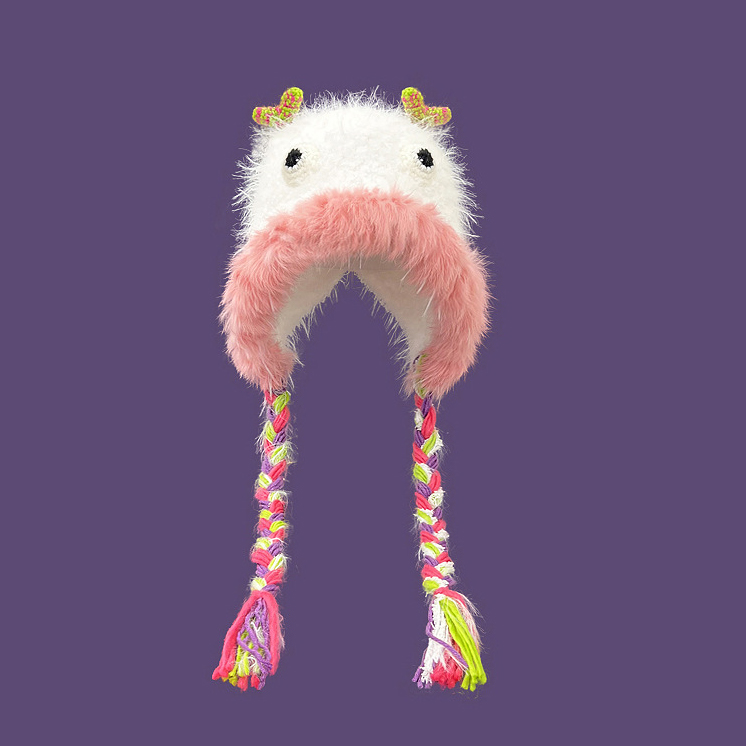 Cute Kawaii Furry Long Braid Y2K Grunge Little Monster Beanie Hat