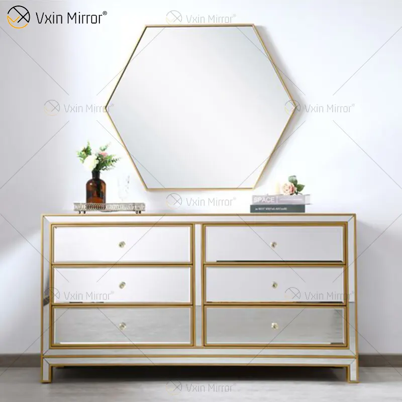 Luxury Champagne gold Mirored silver Cabinet With 6 Drawers Champagne Silver Cabinet with mirror set for living room for bedroom