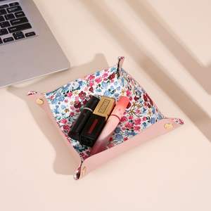 Organisateur de bureau pliable en cuir PU, boîte de rangement carrée pour cosmétiques avec imprimé floral, couleur rose, pour maquillage et clés - Product Image 1