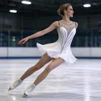 Robe de danse patinage blanche sans manches en maille avec strass, dos croisé à nouer et volants pour enfants et adultes, compétition et performance