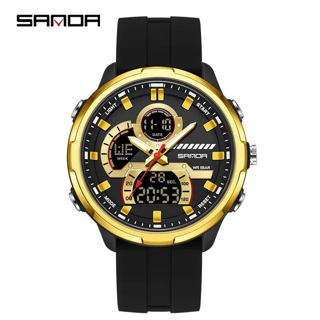 SANDA 9077 Electronic Quartz Watches Men's Dual Display Dial Alarm Clock Multifunctional Countdown Dual Movement Montres Hommes