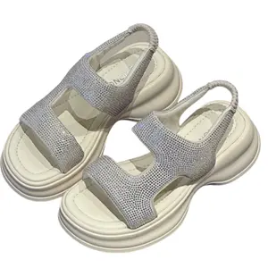 Dropshipping Custom Logo Fashion Women's Thick Bottom Wedges Sandals White Rhinestone Chunky Sandal Shoes for Ladies
