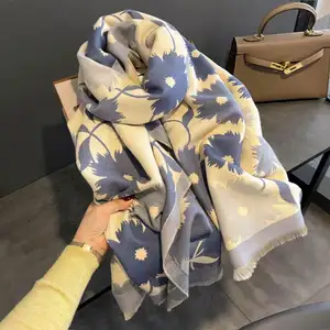 Senior sense of sunflower pattern autumn and winter new imitation cashmere scarf for women warm and thick long shawl neck