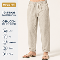 Pantalon long décontracté en coton et lin pour homme avec logo personnalisé, coupe ample, taille élastique et cordon de serrage, léger, idéal pour la plage et l'été