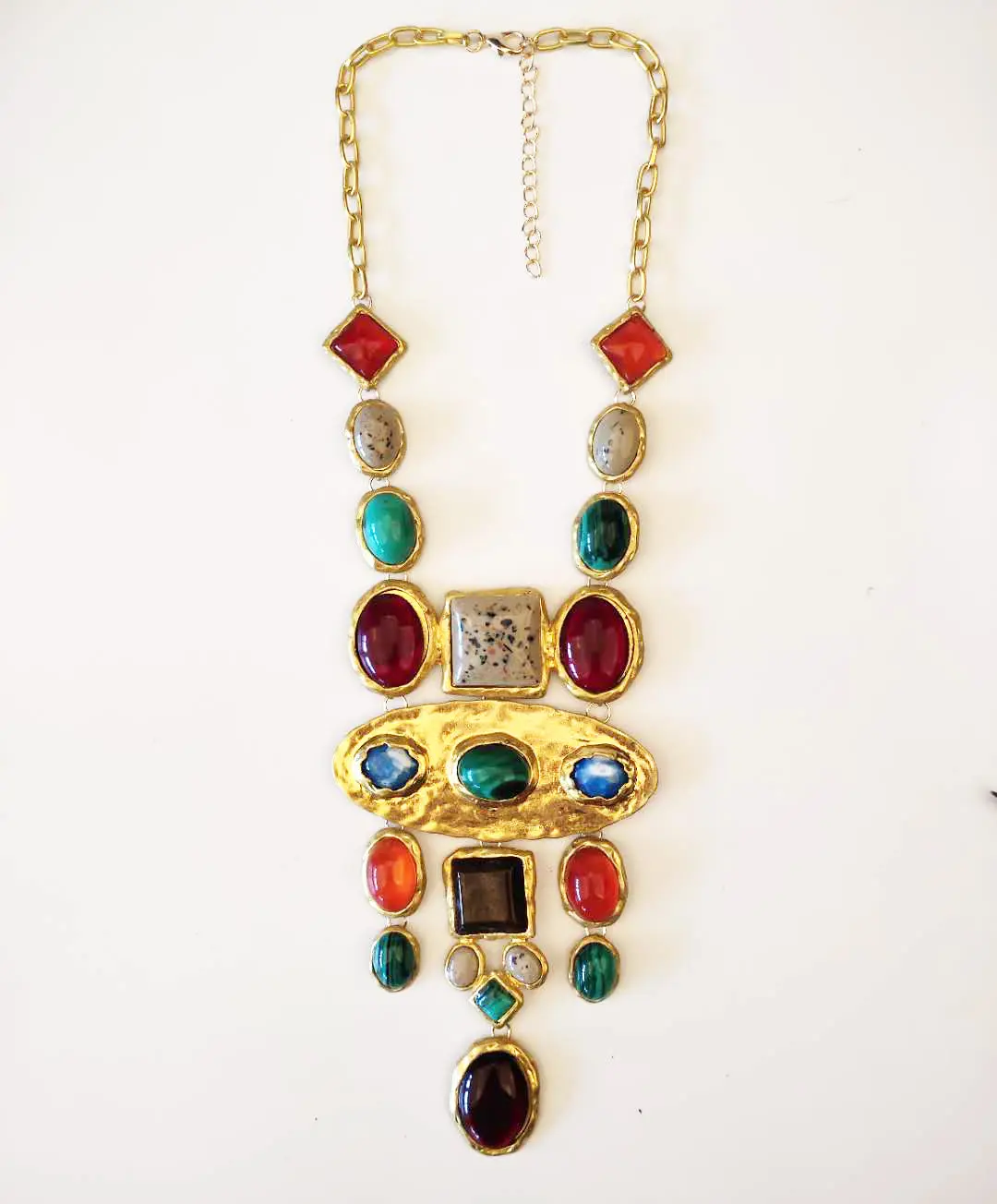 Baroque geometric stones long necklace vintage colorful court style jumper chain