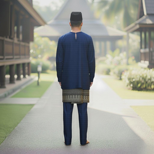 TELUK BELANG Malasia SIPO tradicional rosa claro <span class=keywords><strong>cuello</strong></span> en V Kurta con sombrero negro, descalzo en camino de hierba <span class=keywords><strong>y</strong></span> edificios de madera. - Product Image 3