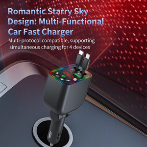 Adaptateur <span class=keywords><strong>Bluetooth</strong></span> 5.3 pour voiture, émetteur <span class=keywords><strong>FM</strong></span> avec charge rapide 100W, câbles rétractables, lumière étoilée 7 couleurs, chargeur de téléphone pour voiture - Product Image 1