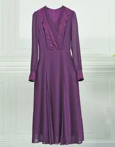 XXL Langes Kleid 2024 Frühjahr hochwertige Kleidung Damen V-Ausschnitt Spitzen Stickerei lange Ärmel lila gelb langes Maxikleid Abendkleid