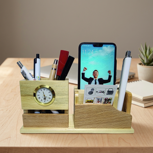 Organizador de escritorio de madera con reloj, soporte para teléfono y portalápices, regalo de oficina multifunción, estilo sencillo - Product Image 2