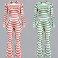 Ensemble 2 pièces décontracté pour femme avec logo personnalisé, haut court à manches longues rayé et pantalon évasé en maille côtelée, tenue de détente pour femme