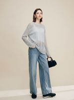 Haut en maille gris à manches longues et col rond pour femme, personnalisé OEM/ODM, avec empiècements en maille ajourée transparente, léger et décontracté