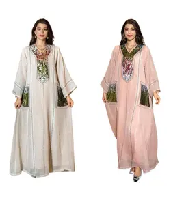 Kadınlar için Dubai lüks mütevazı Abaya elbise arap fas moda pullu uzun kollu gevşek Robe kuveyt körfez müslüman Eid SA0168