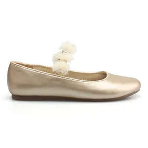 Chaussures de ballerine en cuir pu pour fille, tenue de soirée en maille dorée, chaussures de ballet plates et douces avec fixation élastique, à fleurs brillantes