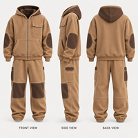Ensemble de survêtement en molleton de coton épais personnalisé pour homme, avec sweat à capuche zippé et pantalon cargo, patch contrastant pour un style streetwear
